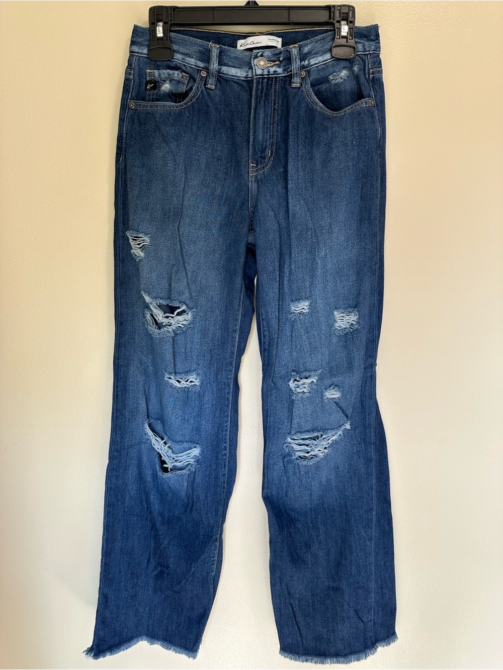 KanCan Dark Drape Ripped High Rise Wide Leg Jean